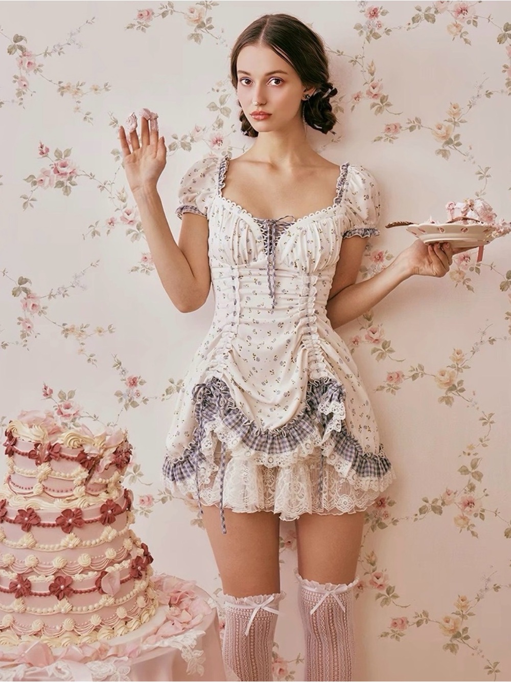 LaceMade Peter Rabbit Dollhouse Dress White Blue floral Coquette Corset Size M